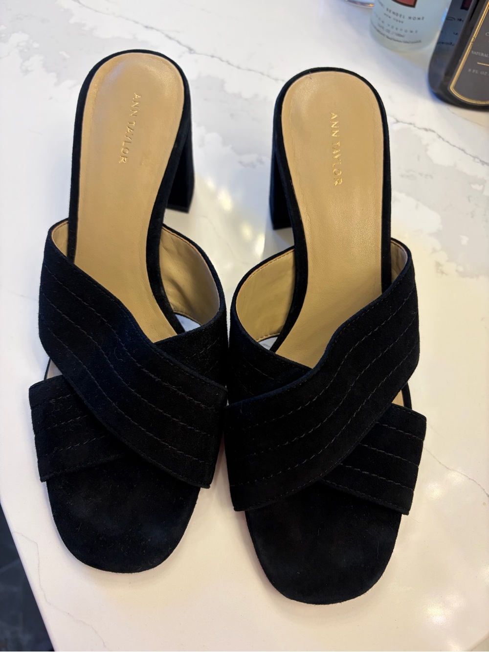 Ann Taylor Black Suede Crossover Block Heel Mules